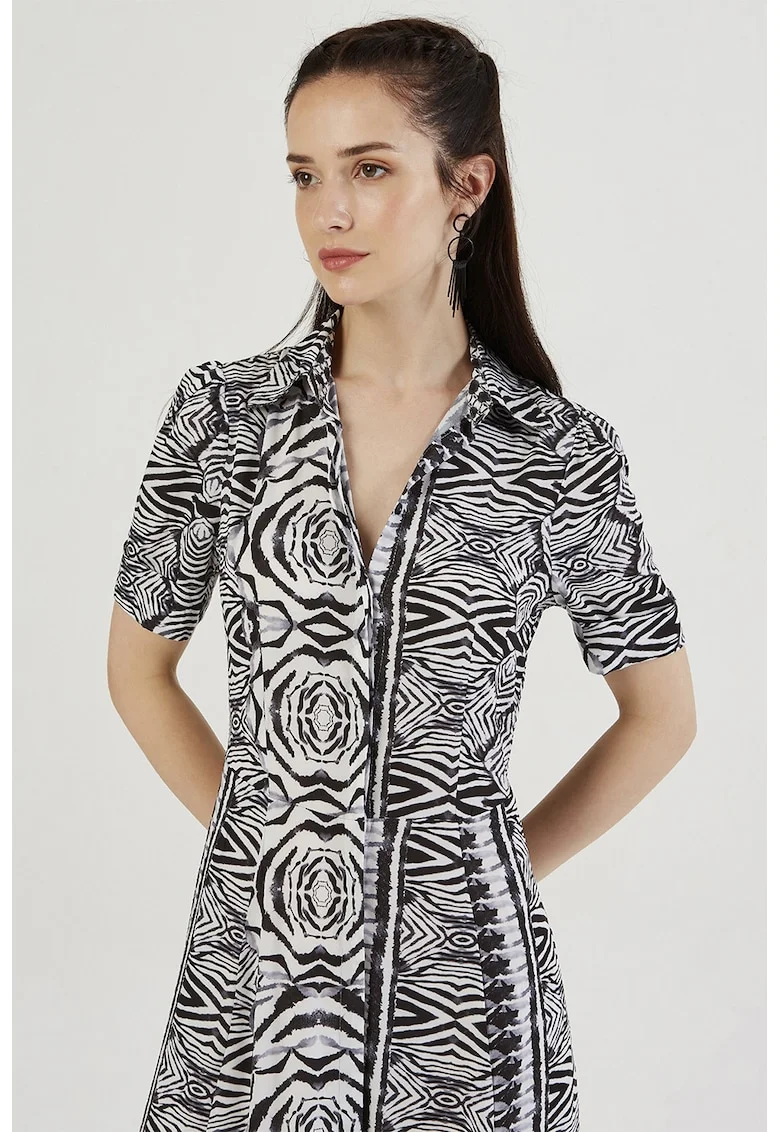 Rochie-camasa cu croiala evazata si buzunare, Alb/Negru stins