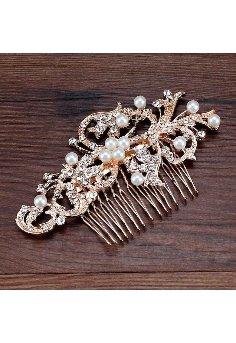 Accesoriu de par, rose gold, cu pietre si margele cu aspect perlat, Rina C3
