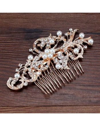 Accesoriu de par, rose gold, cu pietre si margele cu aspect perlat, Rina C3