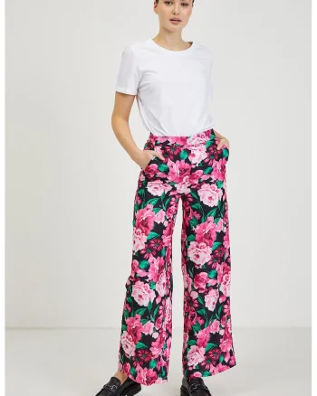 Pantaloni cu croiala ampla si model floral, Negru/Fucsia/Turcoaz