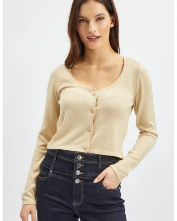 Cardigan crop cu decolteu adanc, Bej