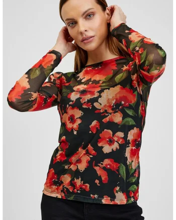 Bluza din tul cu imprimeu floral, Negru/Caramiziu