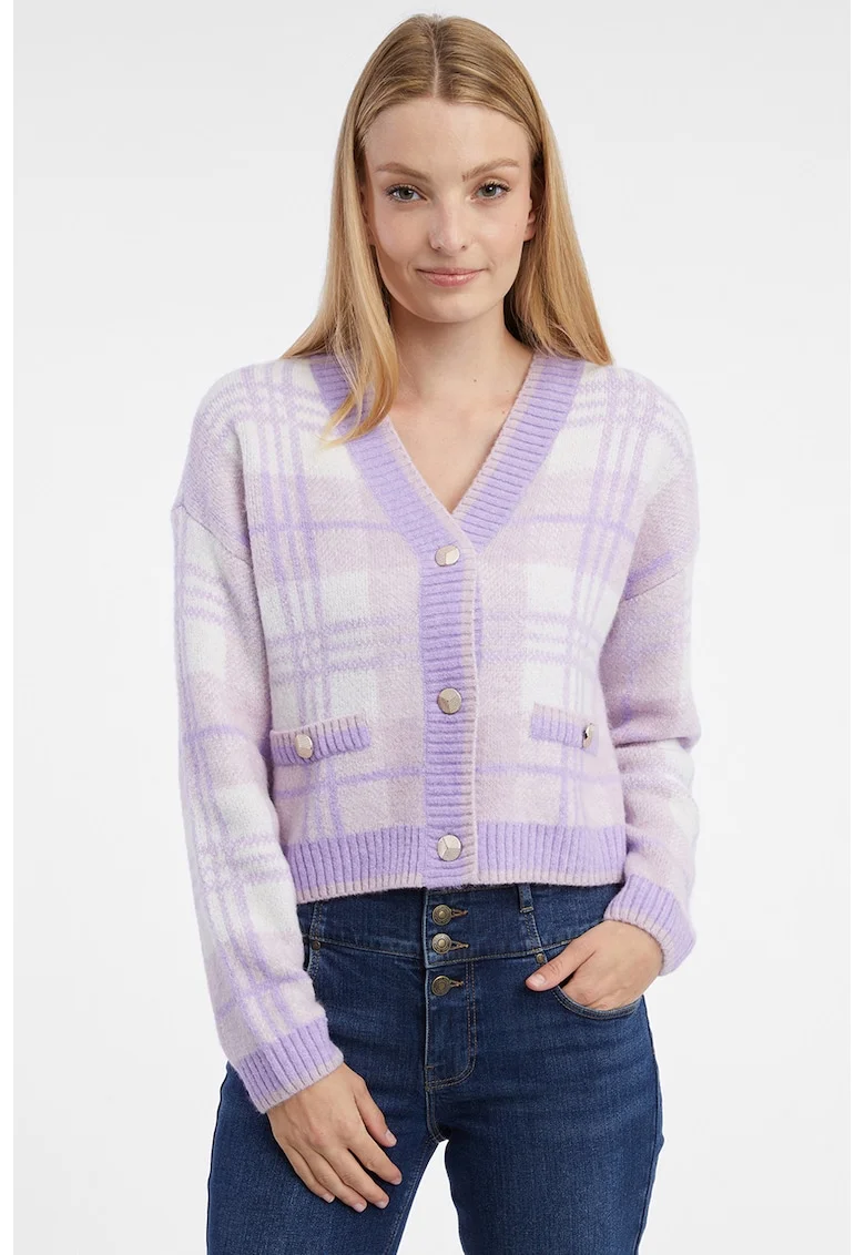 Cardigan cu decolteu in V, model in carouri si nasturi, Violet deschis/Lila