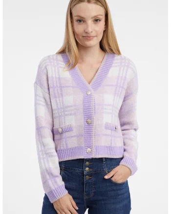 Cardigan cu decolteu in V, model in carouri si nasturi, Violet deschis/Lila