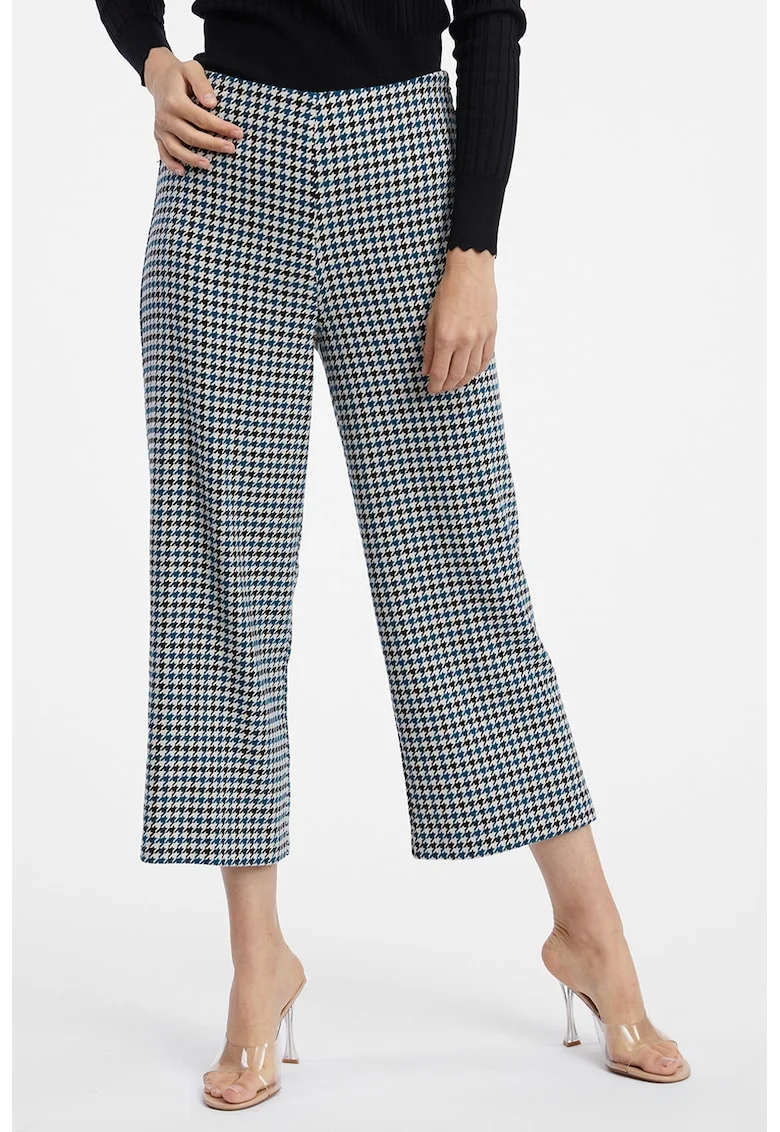 Pantaloni crop cu croiala ampla, Alb/Negru/Albastru petrol
