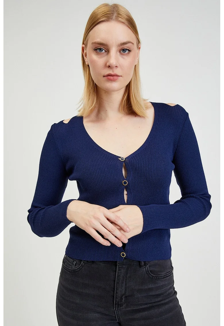 Cardigan slim fit cu decolteu in V si decupaje decorative, Bleumarin