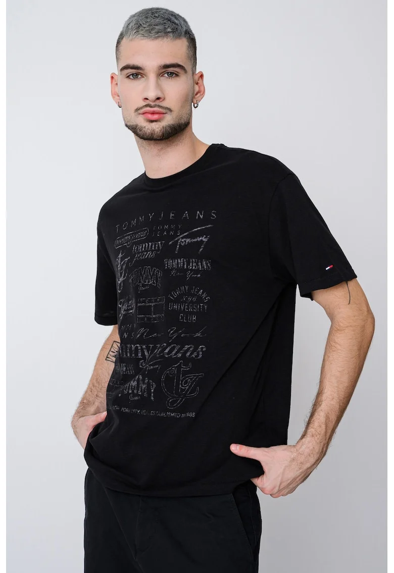 Tricou cu decolteu la baza gatului si imprimeu, Negru