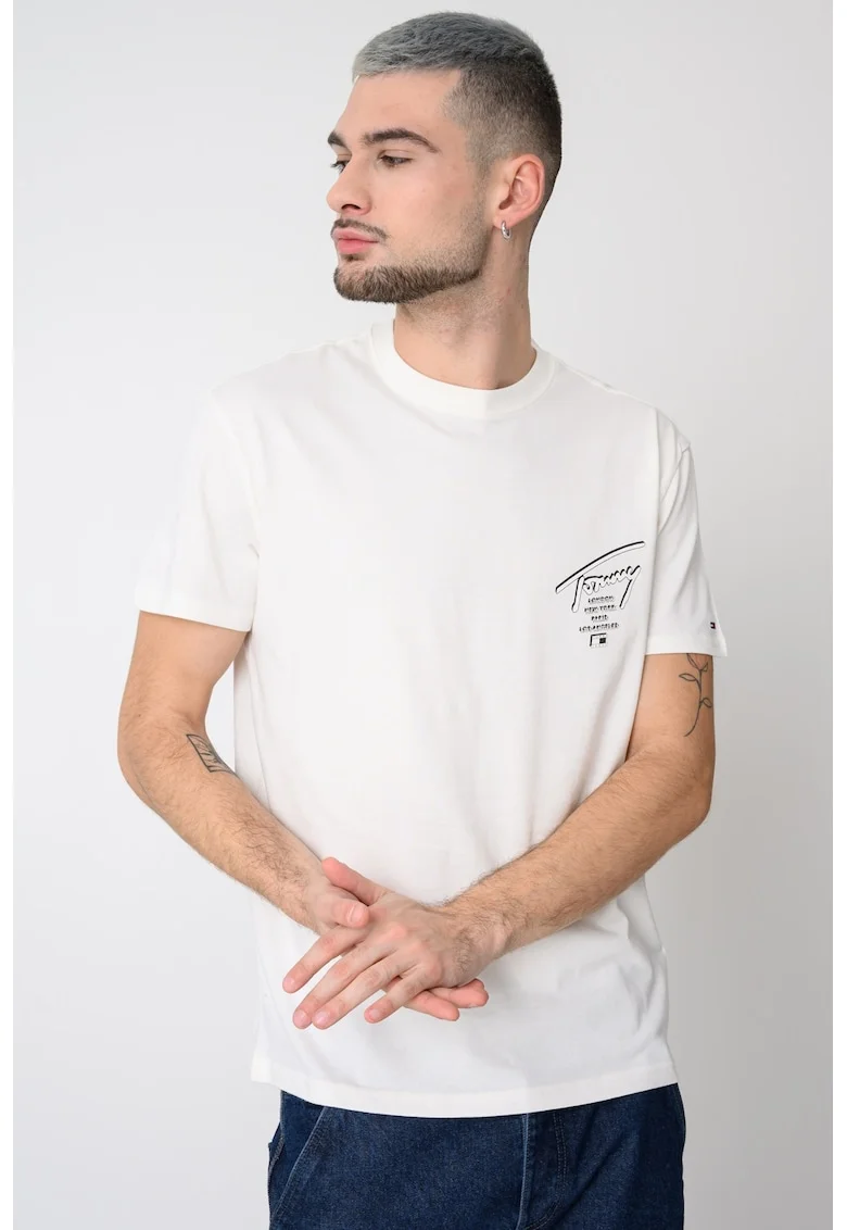 Tricou de bumbac cu imprimeu logo pe partea din spate Signature, Alb