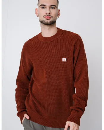 Pulover tricotat cu aplicatie logo discreta, Maro