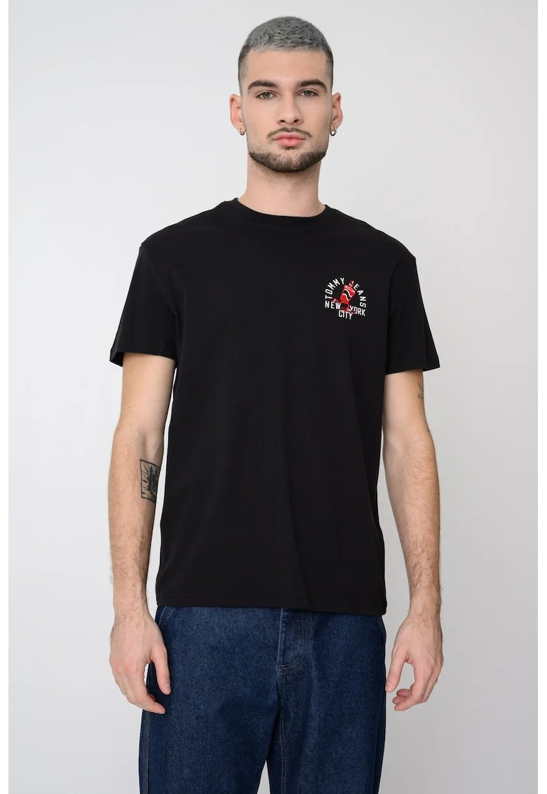Tricou de bumbac cu decolteu la baza gatului, Negru