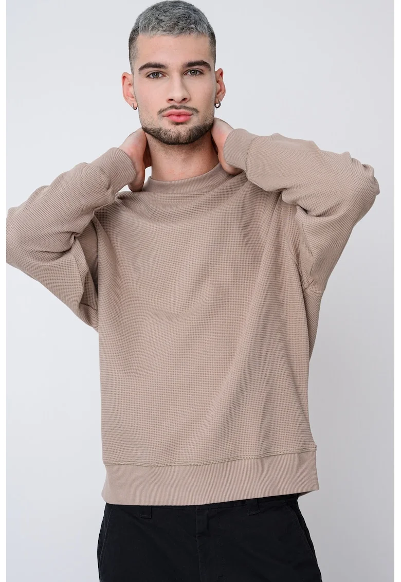 Bluza de trening texturata cu decolteu la baza gatului, Bej