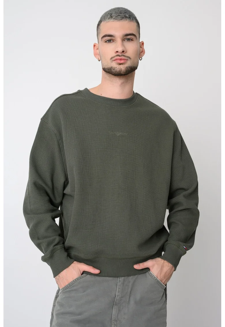 Bluza de trening texturata cu decolteu la baza gatului, Verde sparanghel