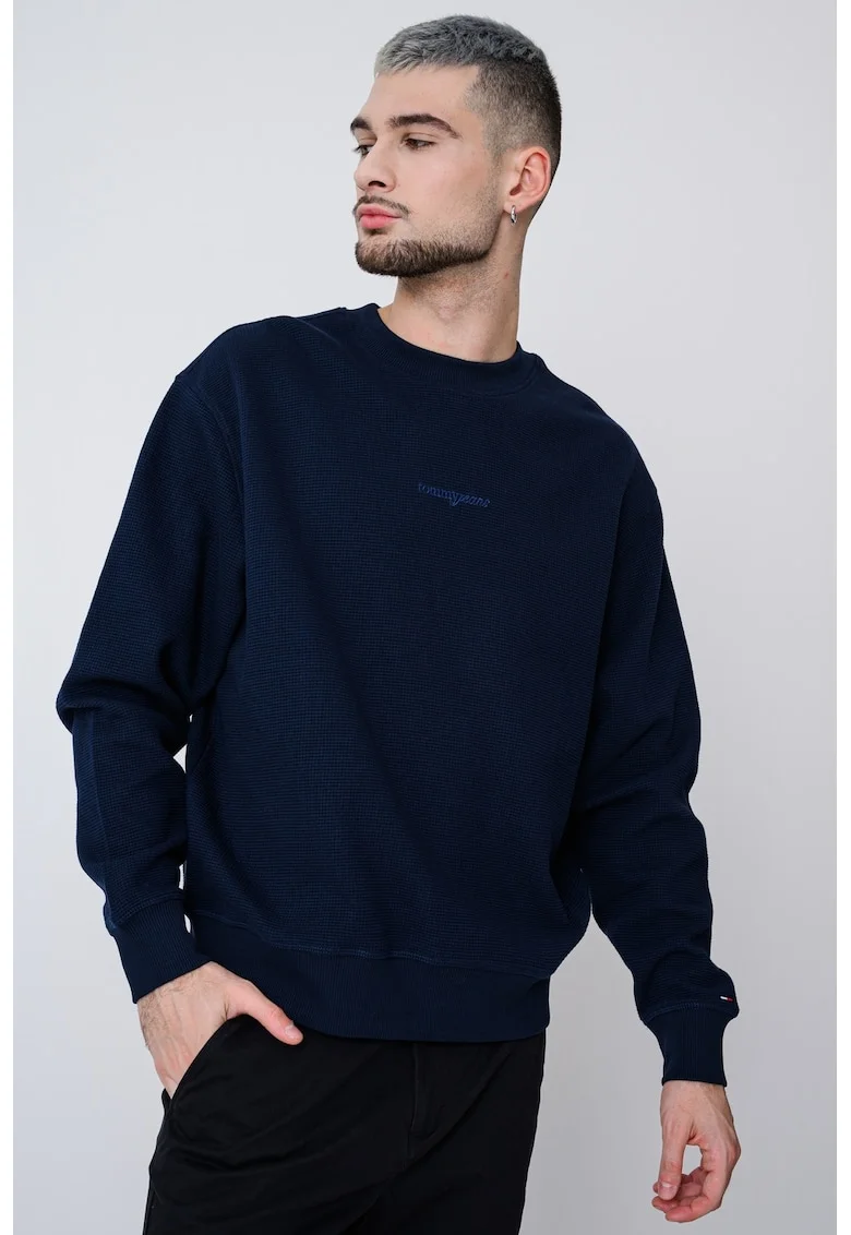Bluza de trening texturata cu decolteu la baza gatului, Bleumarin