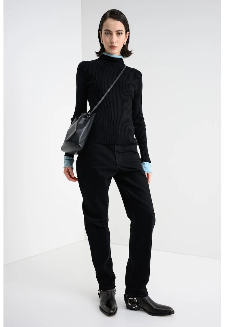 Pulover slim fit din amestec de lana, Negru/Turcoaz