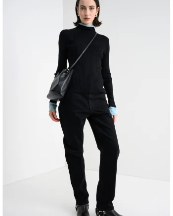 Pulover slim fit din amestec de lana, Negru/Turcoaz