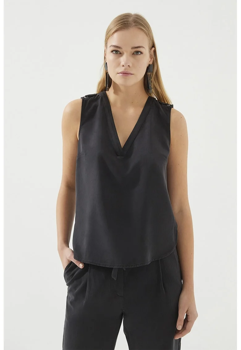 Bluza din lyocel cu decolteu in V, fara maneci, Negru