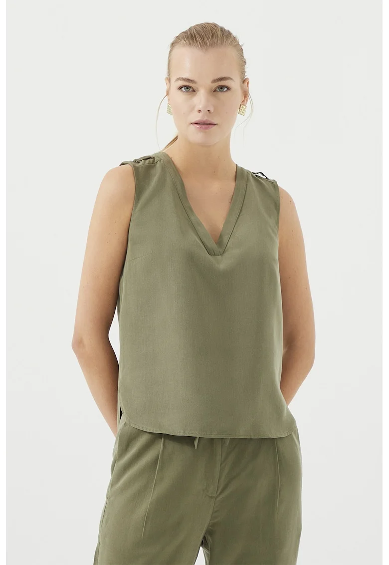 Bluza din lyocel cu decolteu in V, fara maneci, Kaki