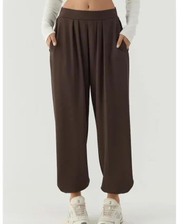 Pantaloni Salwar,  cu buzunare, culoare maro cafeniu, material tricot