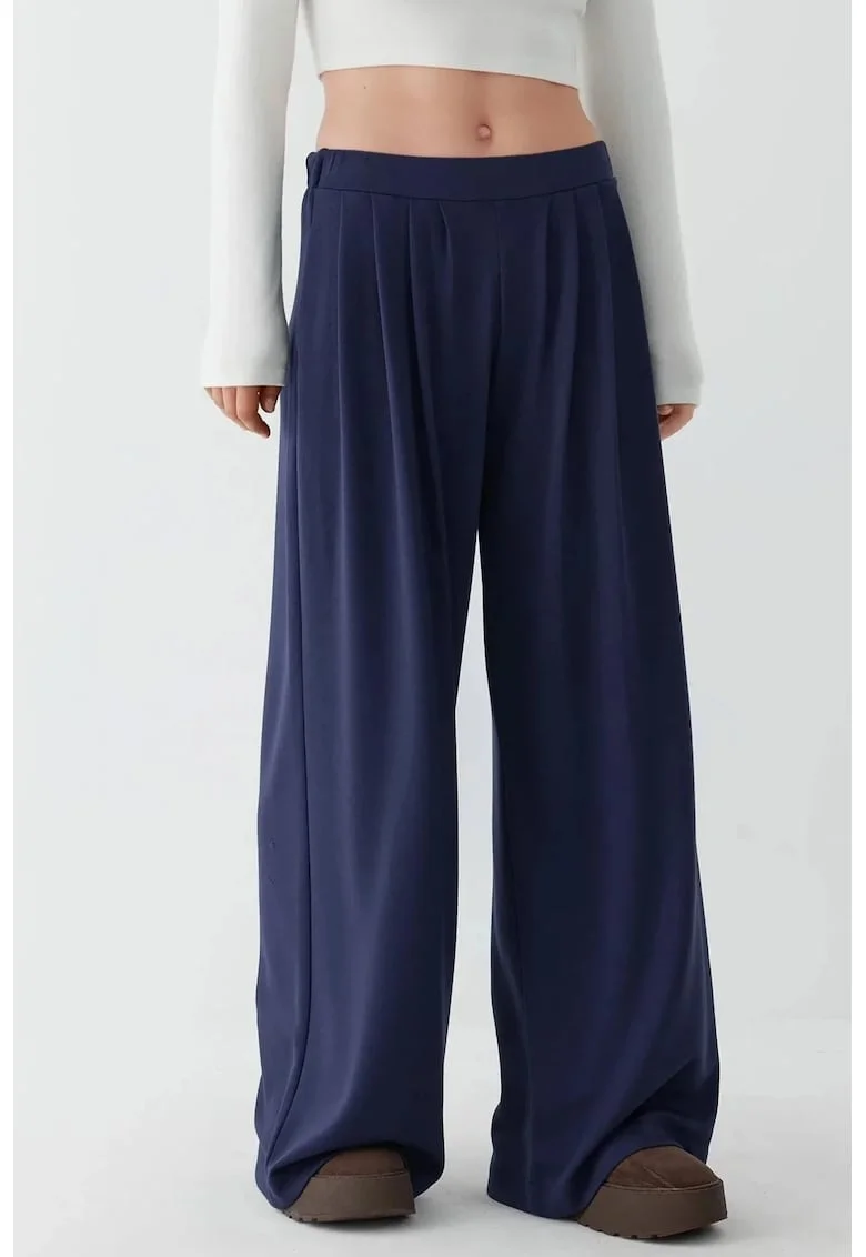 Pantaloni dama,  plisati, picior larg, bleumarin, poliester