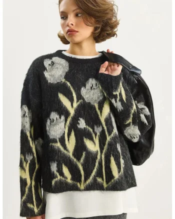 Pulover dama,  Floral, Tricot, Negru,