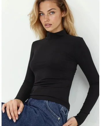 Top,  maneca lunga, guler inalt, slim fit, negru, jerseu