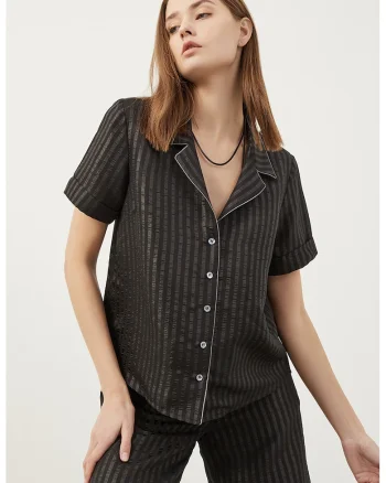 Camasa cu aspect satinat si model in dungi, Negru