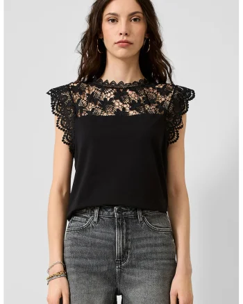 Bluza din amestec de bumbac cu segment crosetat, Negru stins