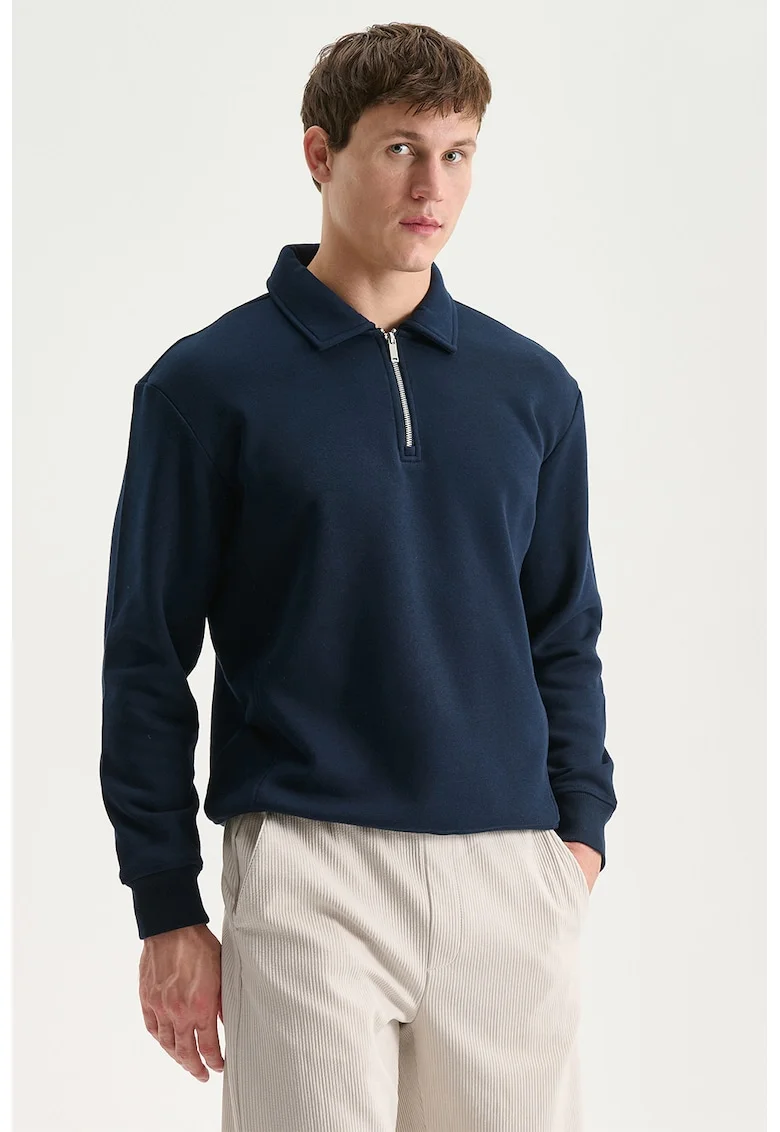 Bluza de trening polo cu fenta scurta cu fermoar, Bleumarin