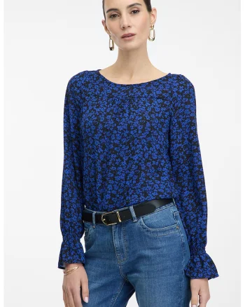 Bluza cu decolteu rotund si model, Negru/Albastru royal