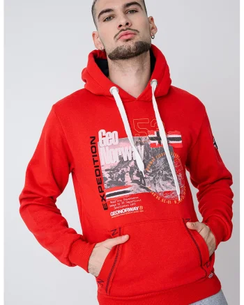 Hanorac cu buzunar kangaroo si imprimeu Gomap, Rosu/Portocaliu mandarina/Kaki