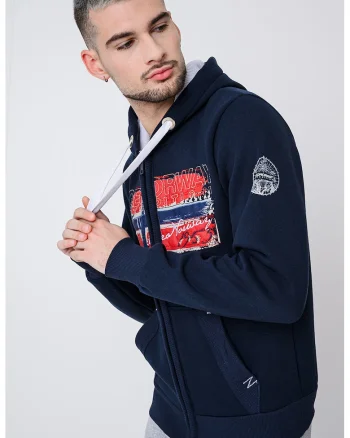 Hanorac din amestec de bumbac cu logo si fermoar Gayton, Rosu/Alb/Albastru inchis