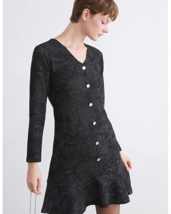 Rochie scurta din amestec de lana cu decolteu in V, Negru melange