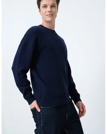 Pulover din amestec de lana cu model uni, Bleumarin
