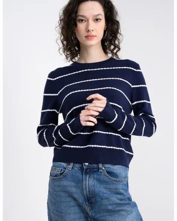 Pulover cu model in dungi, Alb/Albastru inchis