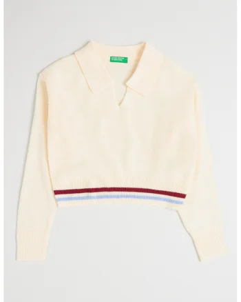 Pulover crop cu decolteu polo, Crem