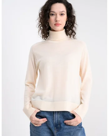 Pulover din amestec de lana cu gule inalt si model uni, Crem