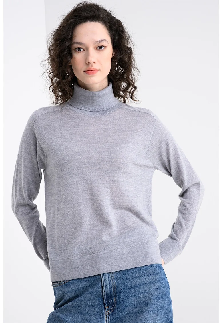 Pulover din amestec de lana cu gule inalt si model uni, Gri deschis
