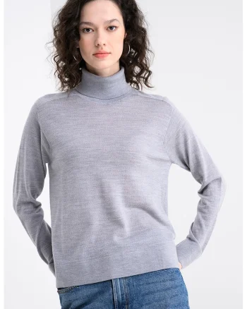Pulover din amestec de lana cu gule inalt si model uni, Gri deschis