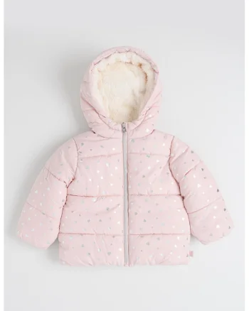 Geaca cu imprimeu si captuseala din teddy, Roz pastel/Argintiu