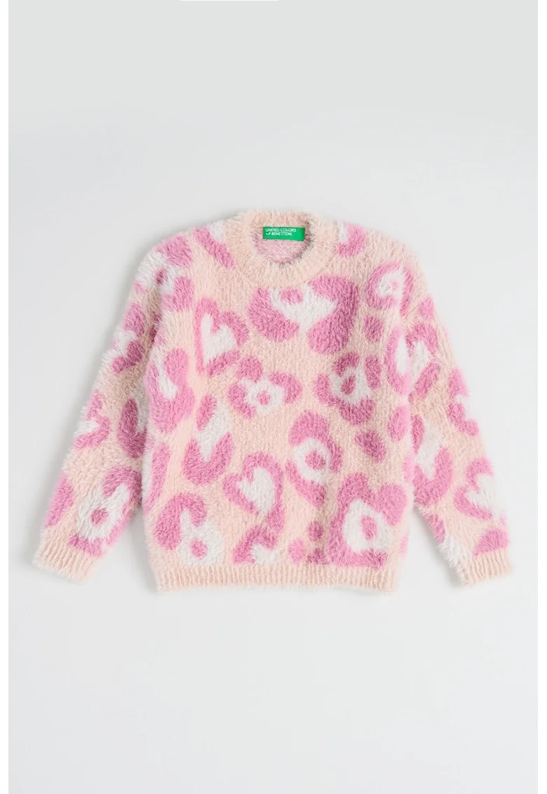 Pulover pufos cu model inima, Roz inchis/Roz pal