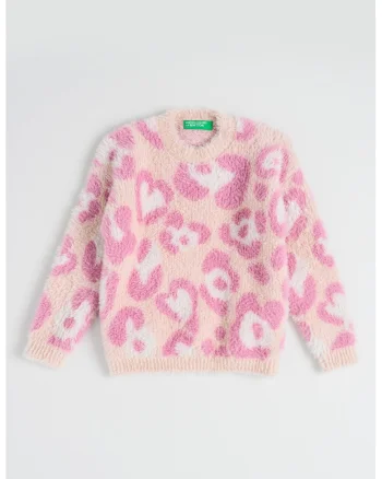 Pulover pufos cu model inima, Roz inchis/Roz pal