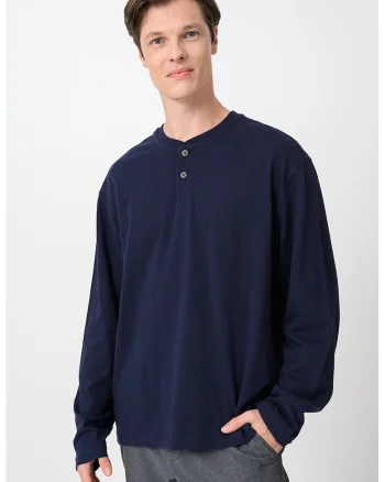 Bluza cu maneci lungi si decolteu henley, Albastru ultramarin