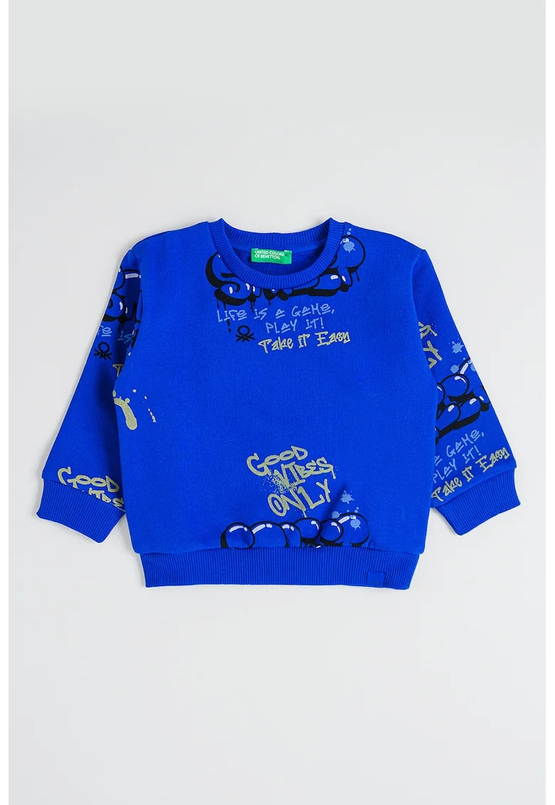 Bluza de trening cu imprimeu text, Albastru royal/Verde fistic