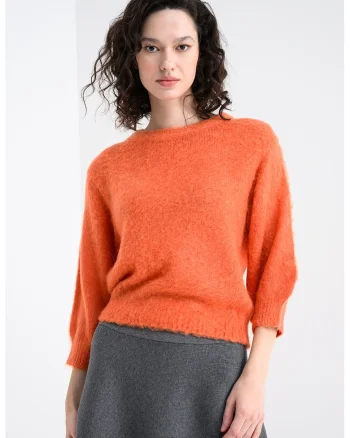 Pulover pufos din amestec de mohair, Caramiziu
