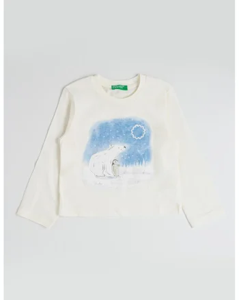 Bluza de bumbac cu imprimeu grafic si logo, Alb fildes/Albastru prafuit