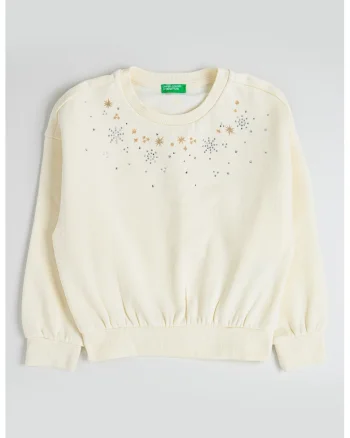 Bluza de trening cu decolteu la baza gatului si strasuri, Crem