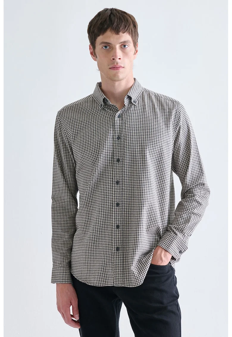 Camasa din amestec de bumbac cu model gingham, Alb fildes/Albastru prafuit