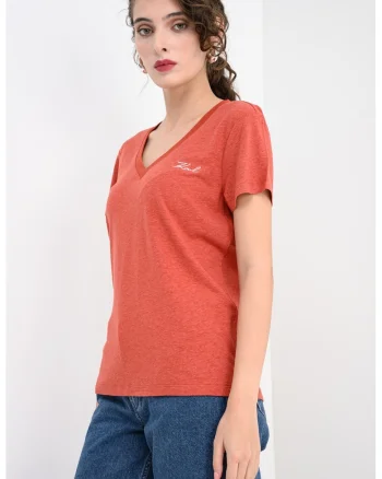 Tricou din amestec de in cu logo, Caramiziu