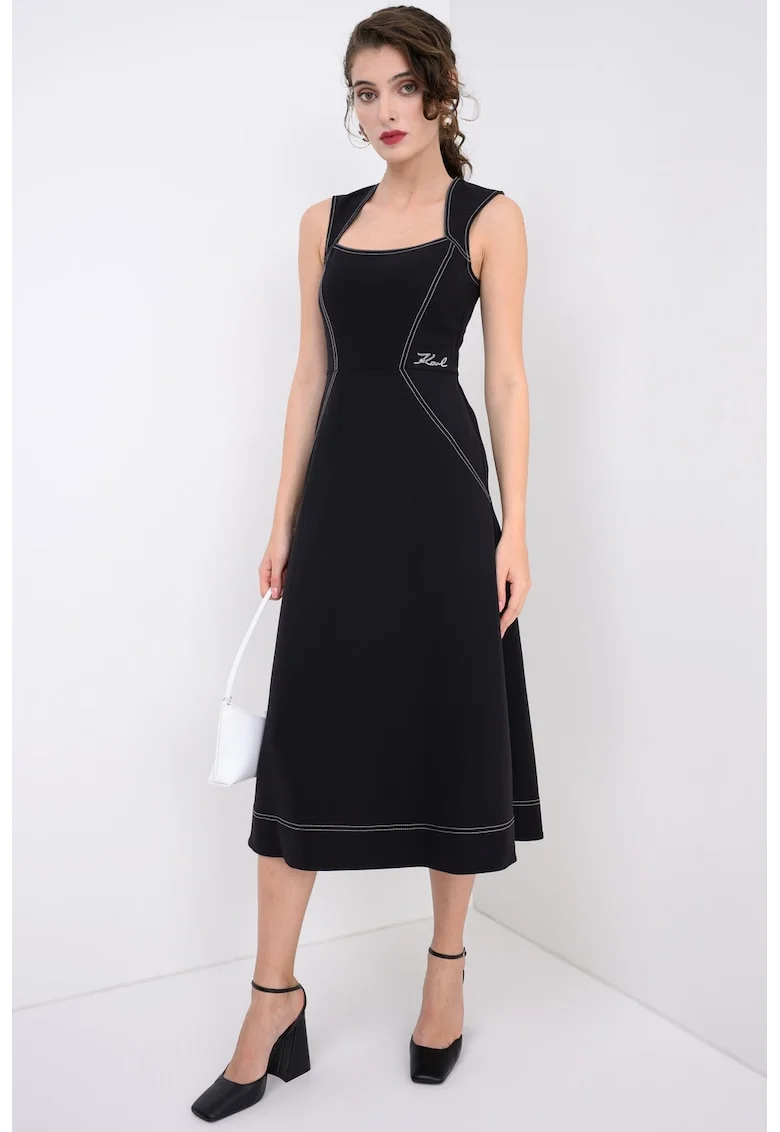 Rochie midi cu croiala evazata si cusaturii contrastante, Negru