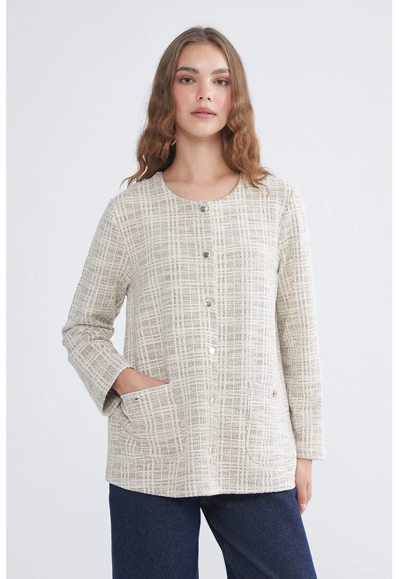 Cardigan lejer cu model in carouri, Maro taupe/Bej deschis